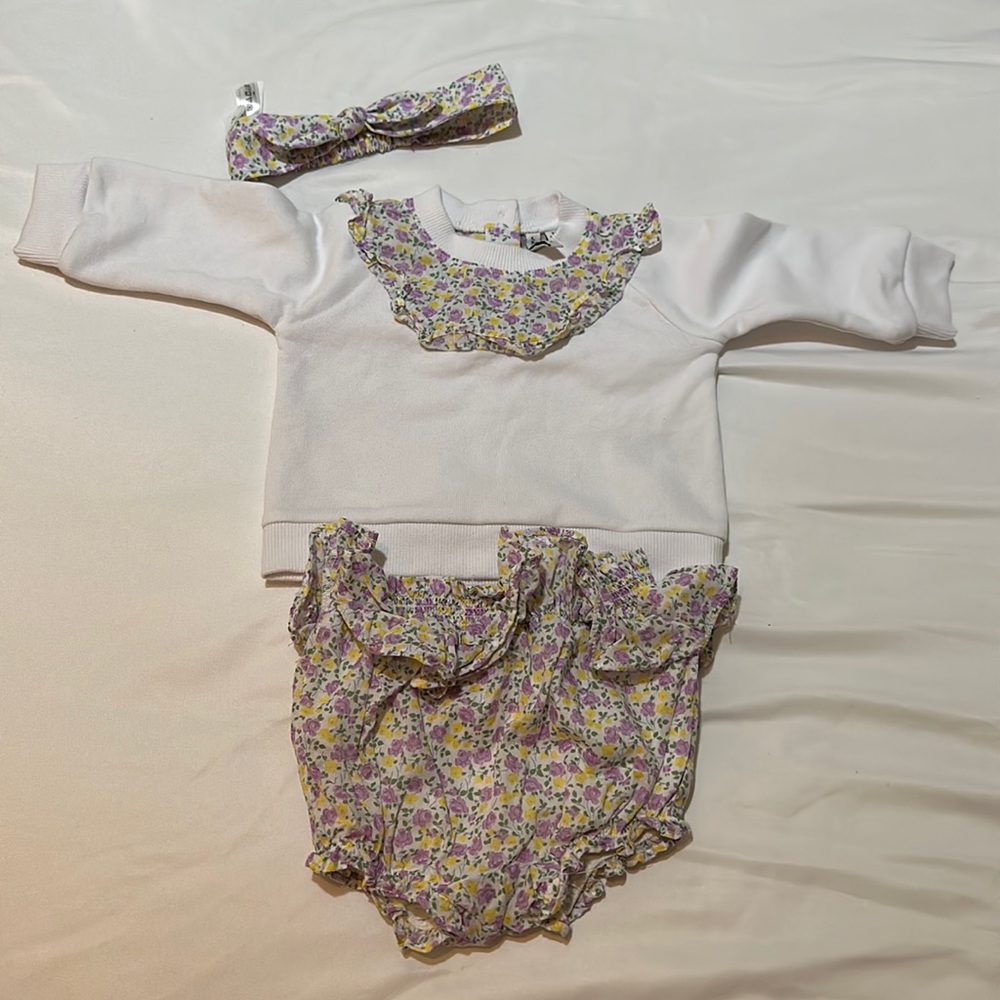 Baby Ditsy Floral Sweatshirt, Ruffle Bloomers, and Soft Headband